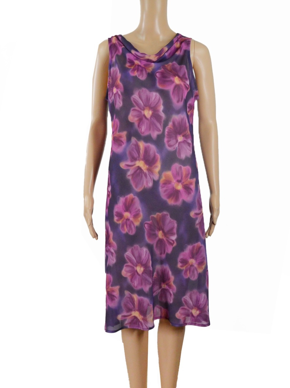 Vintage 90s 00s Semi Sheer Cowl Neck Purple Abstract Floral Flower Dress